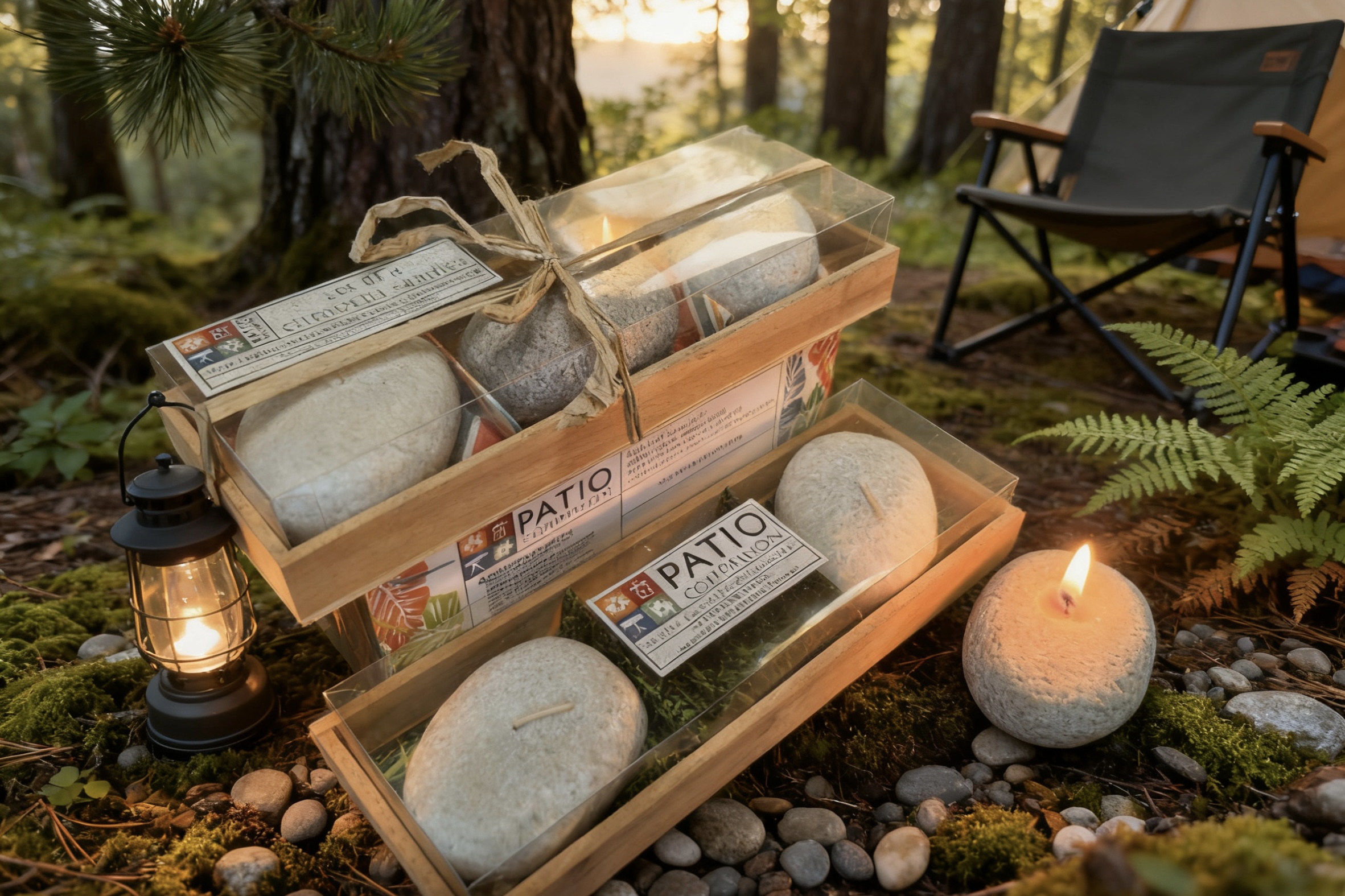3pk Stone Shaped Candle in Wood Tray holder